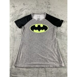 Under Armour Womens Top Blouse Small P/P Fitted Gray Batman Logo Short Sleeve B1
